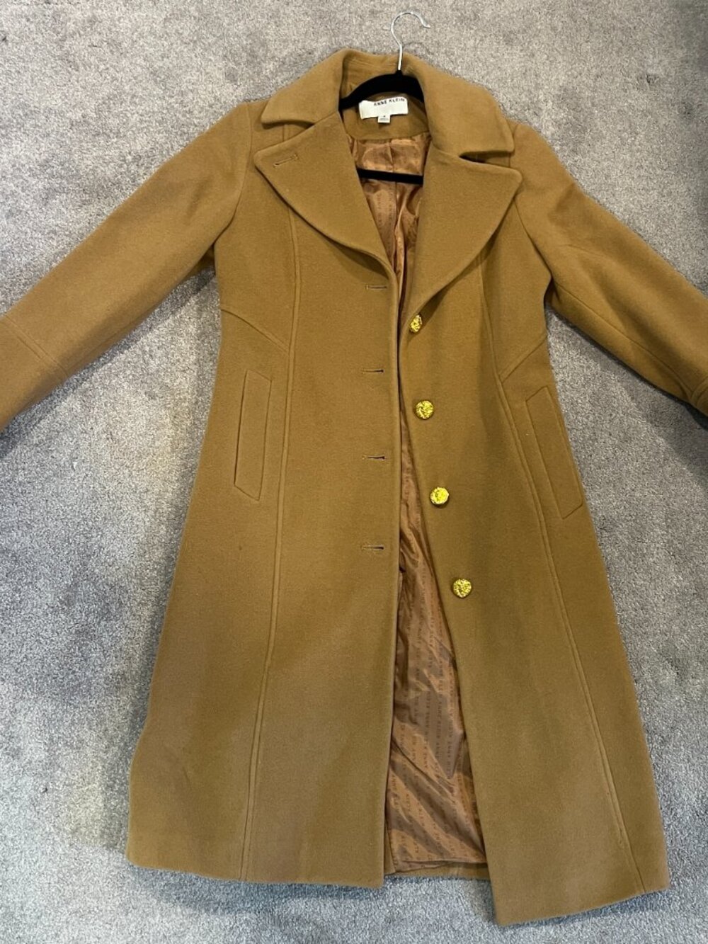 Anne Klein Camel Wool Blend Coat with Gold Buttons, Size 4
